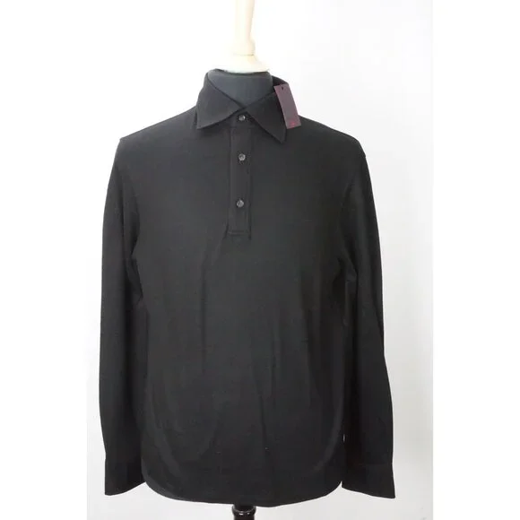 ISAIA NAPOLIMaglia Jersey Black Knit Polo Sweater 100% Wool Hand-Sewn L NEW